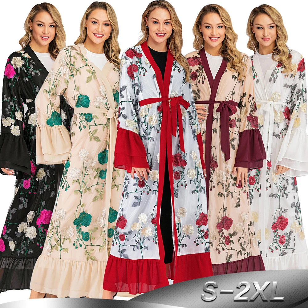 Siskakia мусульманская открытая модная сетчатая кружевная Цветочная вышивка Jubah &