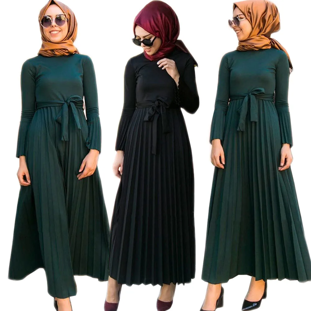 Рамадан мусульманских женщин длинное платье Дубай свободного покроя с длинным рукавом Абая Исламская одежда плиссированные макси платье х...