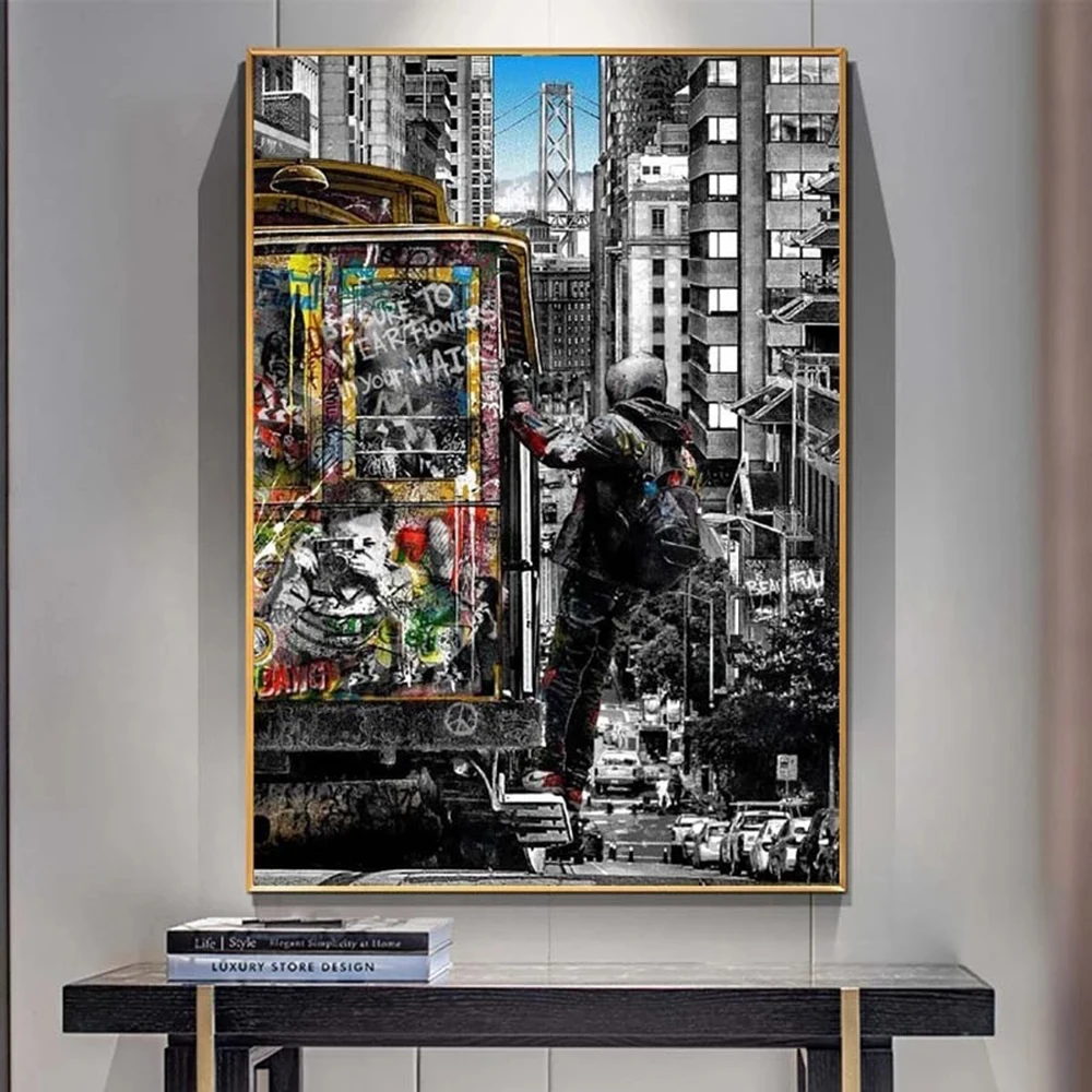 

Street Graffiti Art Boy Climbing Tram Canvas Painting HD Print Poster Prints Wall Picture Home Decoration Gift Living Room Decor