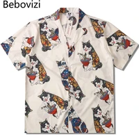 bebovizi japanese tattoo cat print short sleeve beach shirts men summer casual short sleeve hip hop shirt tops streetwear loose