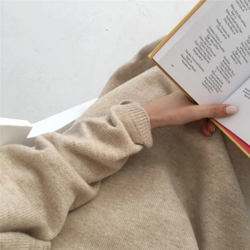 

Pullovers Women Autumn Sweater Dress Long Sleeve Winter Simple Knitted Vintage Solid V-neck Korean Loose Warm Elegant W050