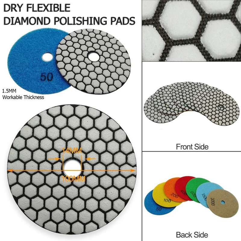 

Dry Diamond Polishing Pads 4Inch Set of 7 Pieces Plus a Rubber Backer for Granite Marble Stone