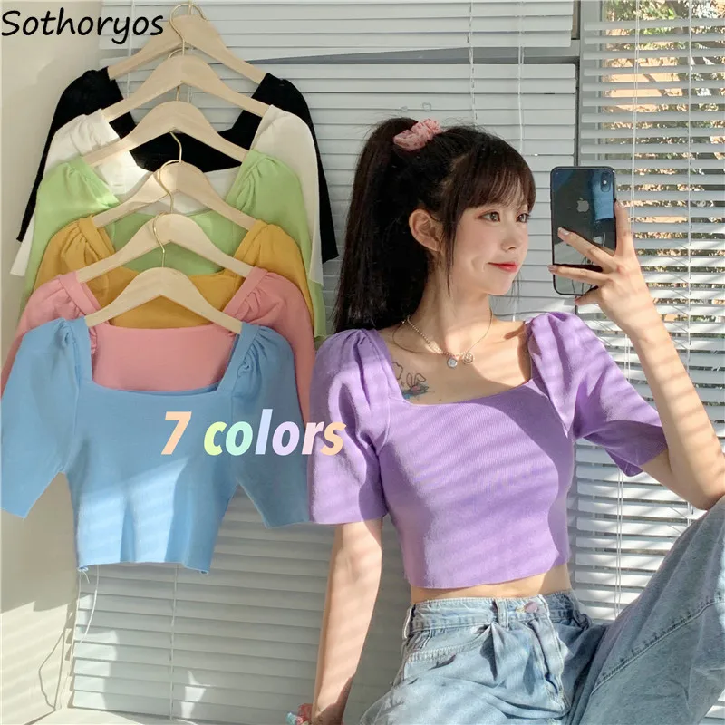 

Short Sleeve T-shirts Women Summer Square Collar Crop Top Puff Sleeves Sexy Solid Knitted Tshirts Fashion Slim Casual Harajuku