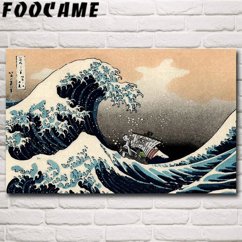 Foocome One Piece D. Luffy Hokusai Wave off Kanagawa постеры и принты художественная шелковая Живопись