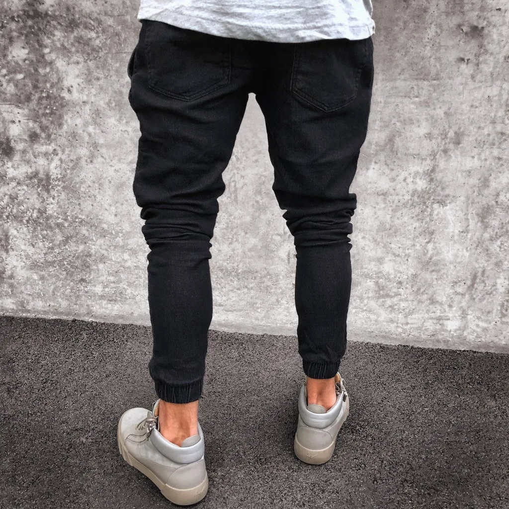 

New Ripped Skinny Biker Jeans Men's Stretchy Elastic Waist Harem Pants Male Jogger Clothes Destroyed Slim Fit Denim Pants