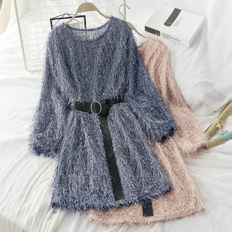 Весенне осеннее Новое Элегантное прямое платье с поясом и кисточками женские