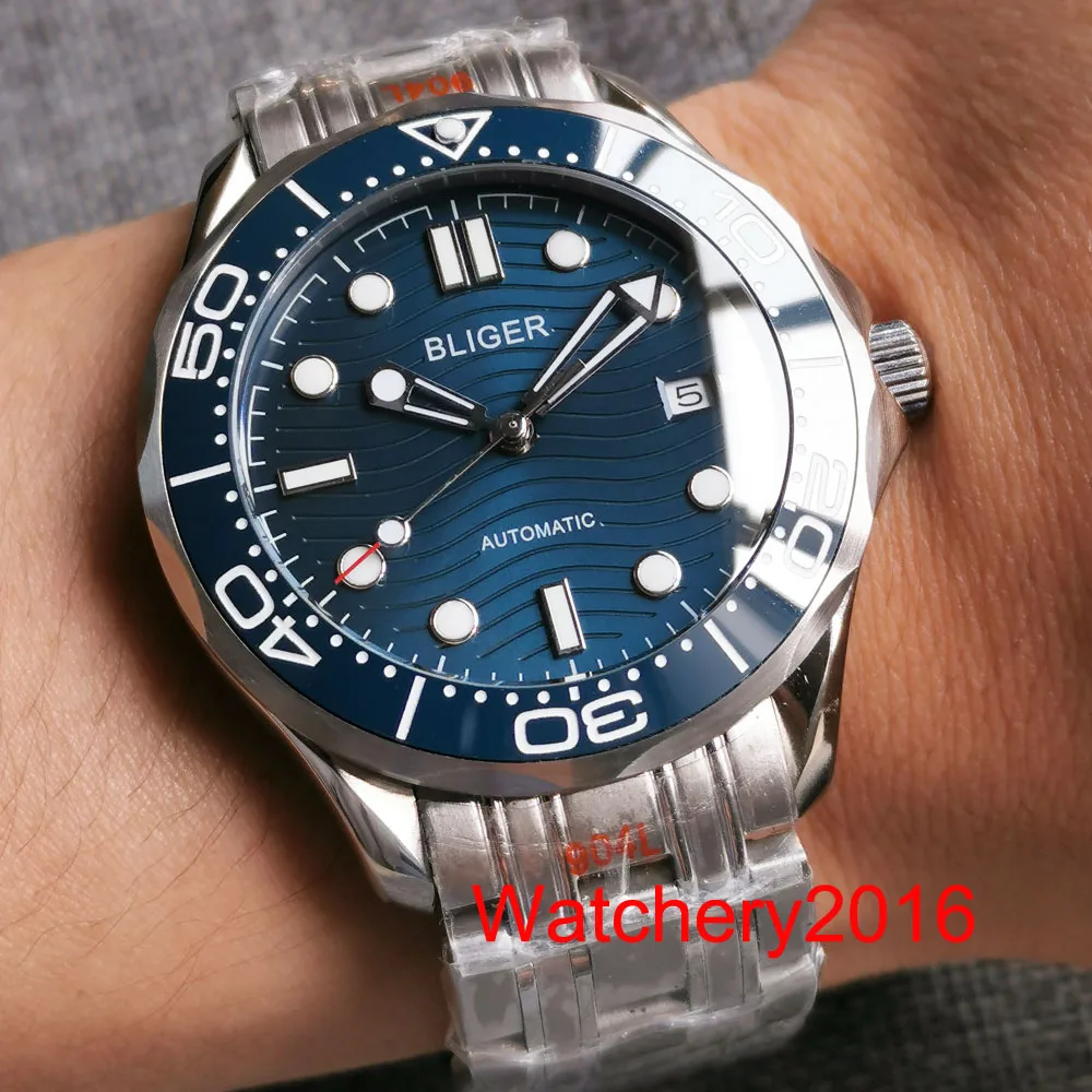 BLIGER 41mm Blue dial Stainless Ateel Case Sapphire Glass NH35 Date Automatic Mens Watch