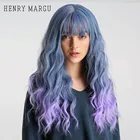 Генри MARGU эффектом деграде (переход от темного к синий фиолетовый парики с челкой длинные глубокая волнистые Косплэй вечерние Лолита синтетические парики для Для женщин высокое Температура волокна