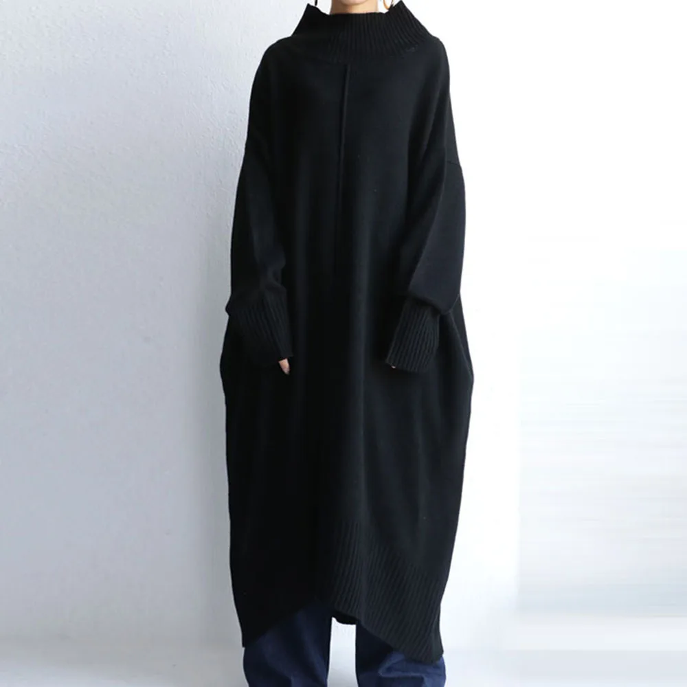 Женское осенне зимнее плотное длинное платье свитер с высоким воротником