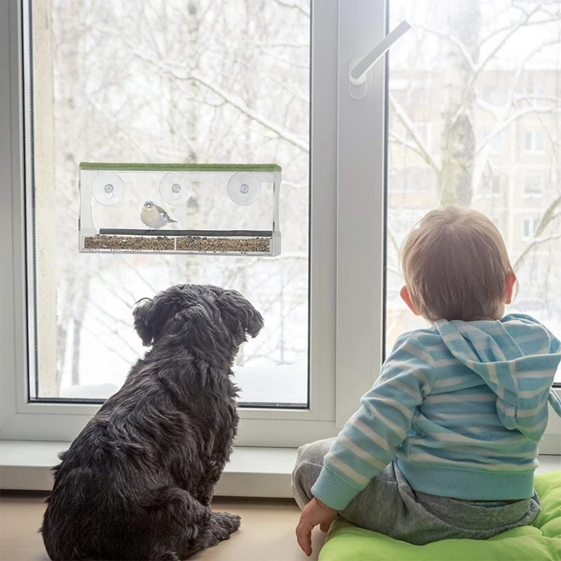 

Acrylic Window Bird Feeder with Suction Cup Seed Tray Standing Perch Drainage Holes Bird Home Design Bird Watching Gift