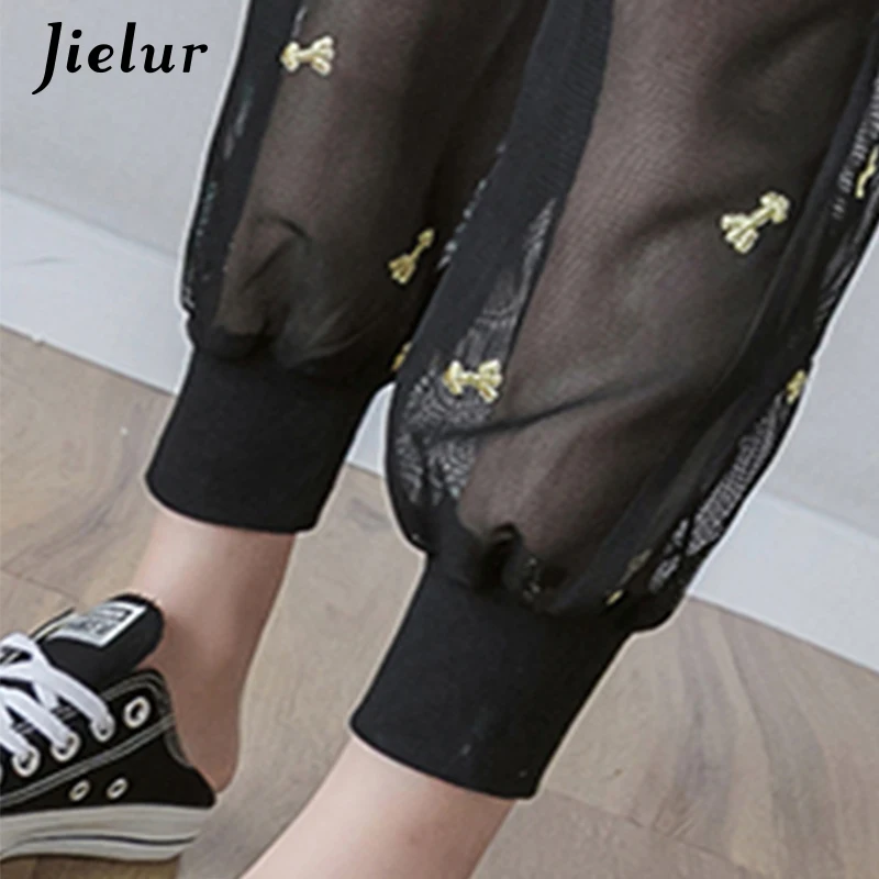 

Jielur Ice Silk Capri Pants Female New Embroidery Harem Pants Women Thin Loose Mesh Casual Sunscreen Black Pantalon Femme S-XXL