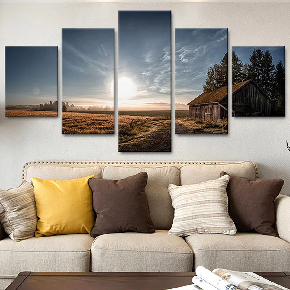 

Modern Art Wall Poster Five-piece Set Of Grassland Sunset Landscape Painting HD Printing Canvas Painting Home Decor Frameless