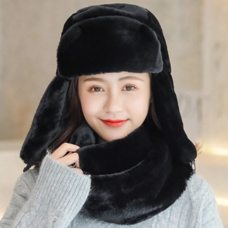 

HT2763 Hat Scarf Set Winter Thick Warm Ski Russian Hat and Scarf Soft Flush Fur Earflap Russian Cap Lady Winter Set