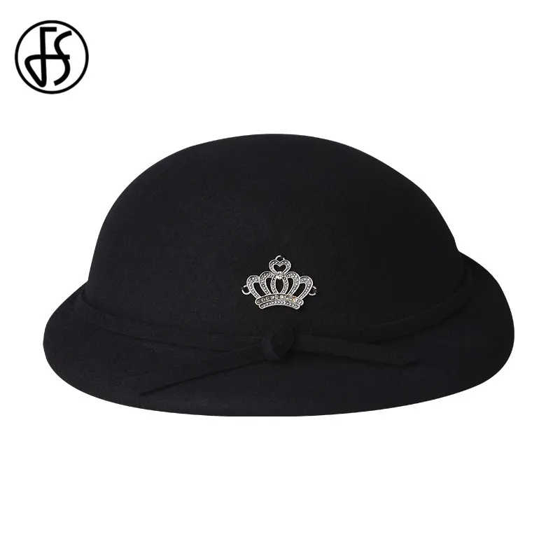 FS элегантная женская шерстяная фетровая котелок черный красный Fedora шляпы для дам