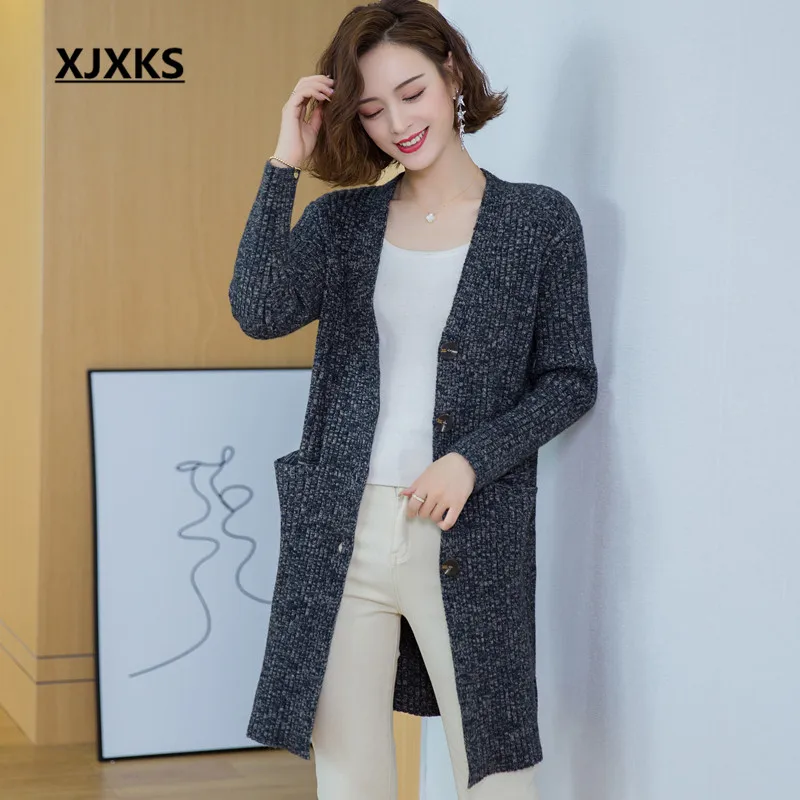 XJXKS женское длинное пальто 2020 Осень Зима Новая мода v-образный вырез Высокое