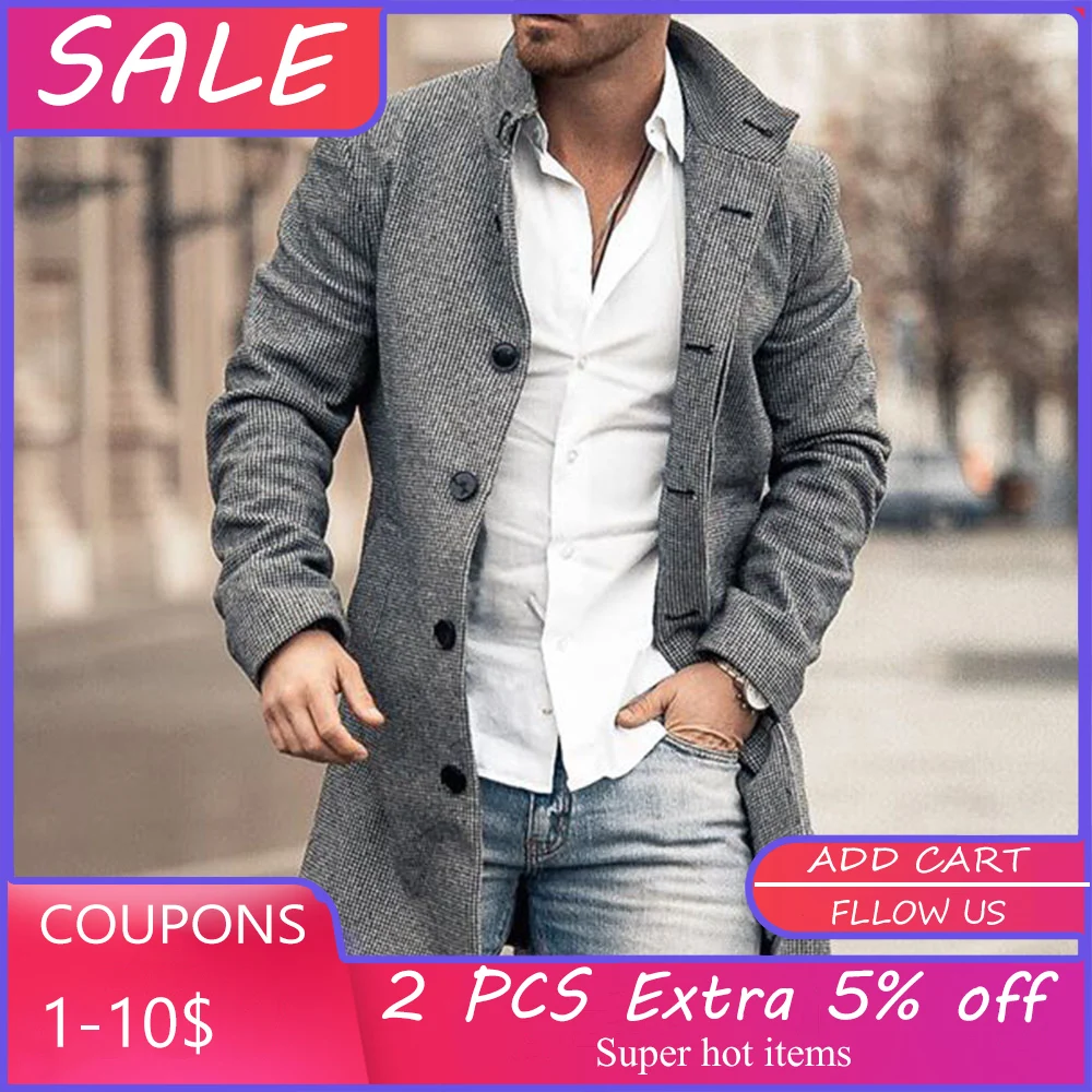 

Gray Trench Coat Men Mid-Long Winter Jackets for Men Business Slim Single Breasted Men's Overcoat Fashion Plus Size 4XL