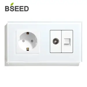 Настенная розетка BSEED TV PC с розеткой европейского стандарта, прозрачная стеклянная панель, белый, европейский стандарт