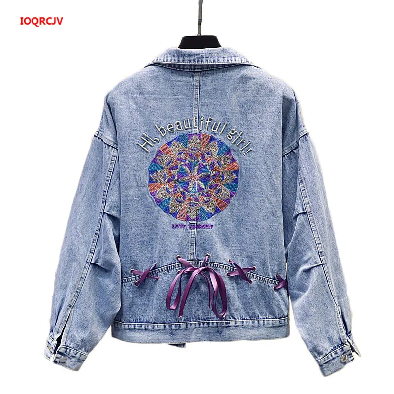 Женская джинсовая куртка свободного покроя короткая ковбойская с цветочной