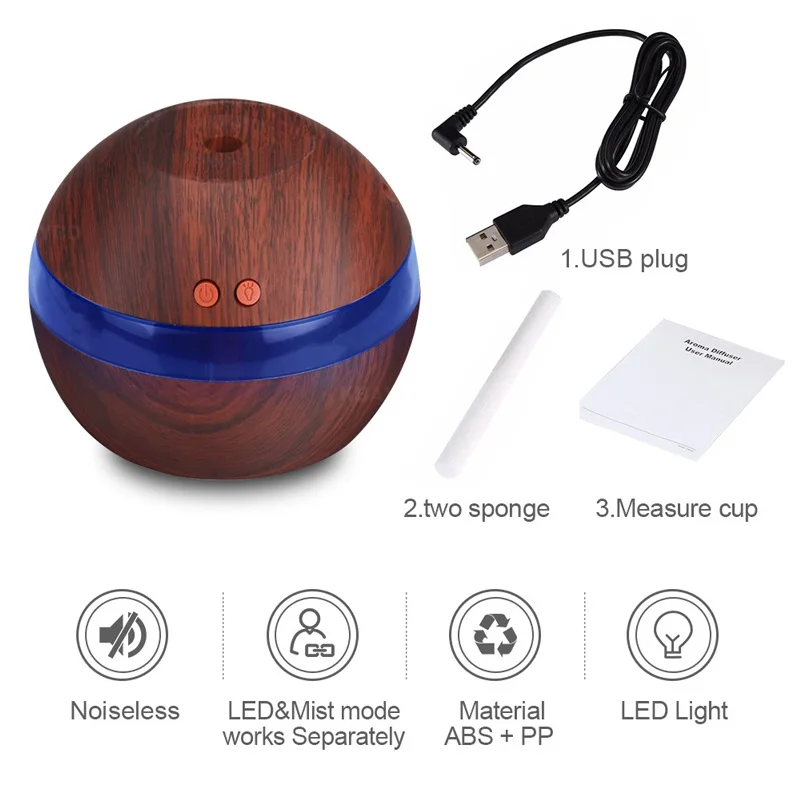 

KBAYBO USB Ultrasonic Humidifier 290ml Aroma Diffuser Essential Oil Diffuser Aromatherapy Mist Maker with LED Light Wood grain