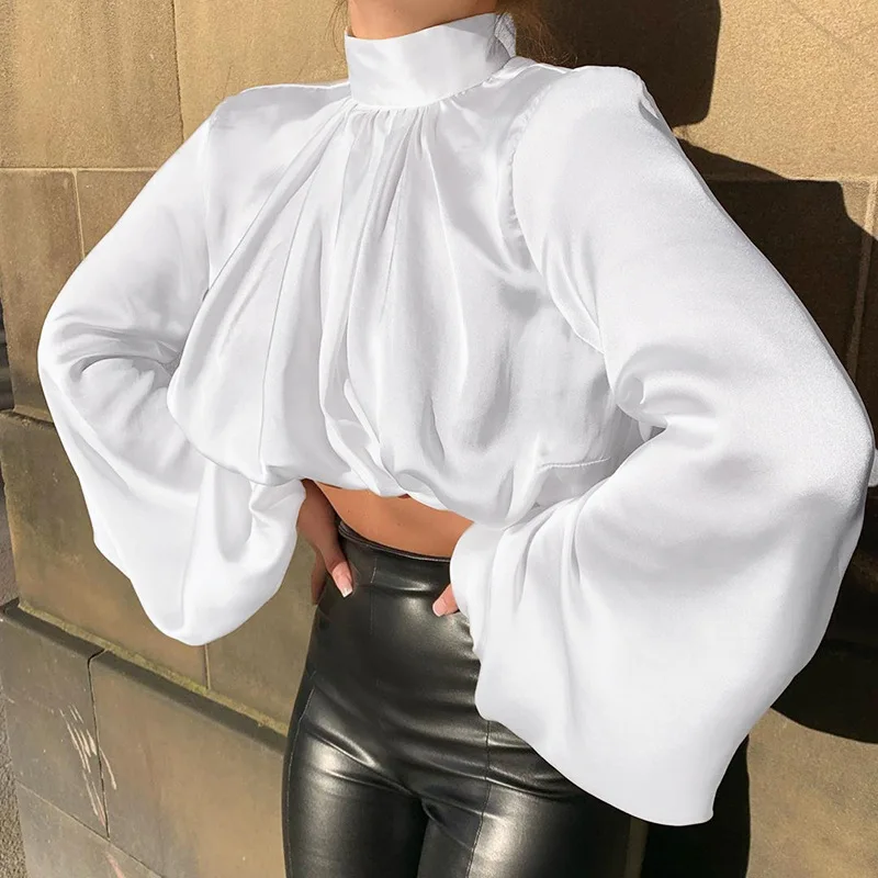 

DISEYAR Blouse Satin Lantern Long Sleeve Hollow Out Sexy Women Spring Autumn Silk Crop Top Shirts Casual Streatwear Blusas Tees