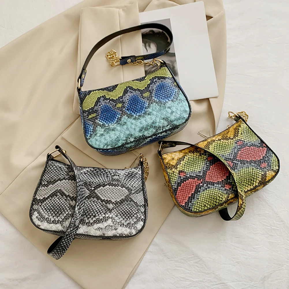 

Women Fashion Bag Zipper Underarm Purse PU Leather Embossing Small Handbags Tote with Serpentine Pattern Printed