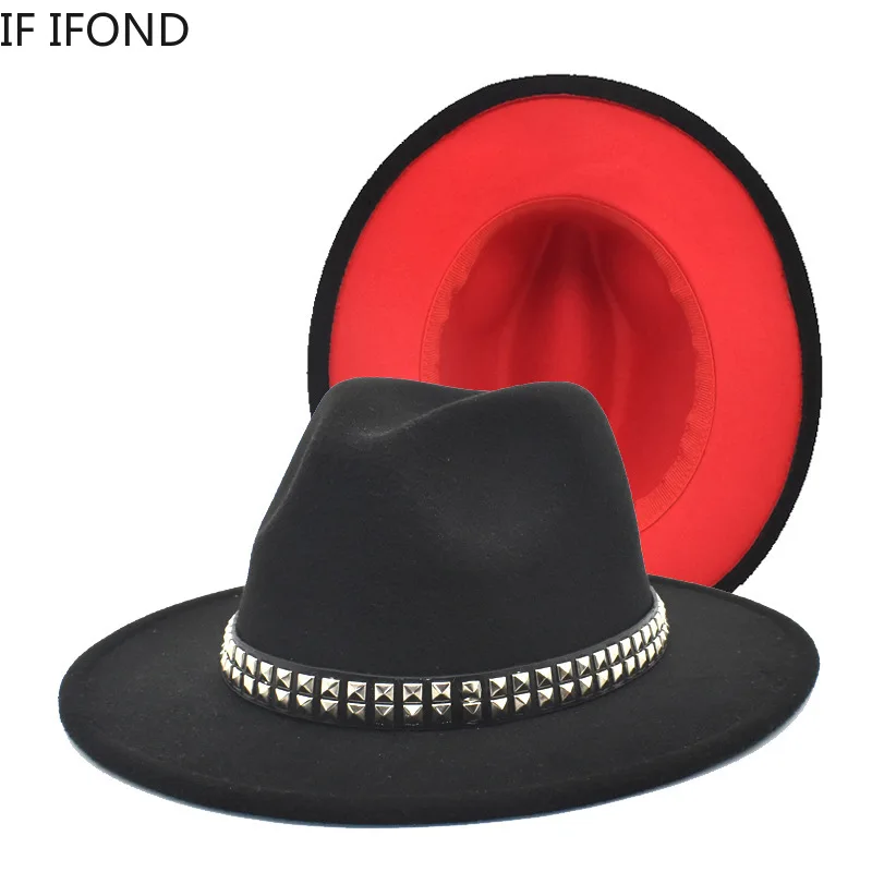 

Street Fashion Wide Brim Simple Top Hat Panama Wool Jazz Fedoras Hat black red Patchwork Men Women Formal Party Cap