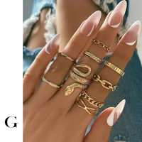 ghidbk vintage 9pcsset gold color snake finger rings sets for women stacking linked hollow alloy ring statement jewelry newest
