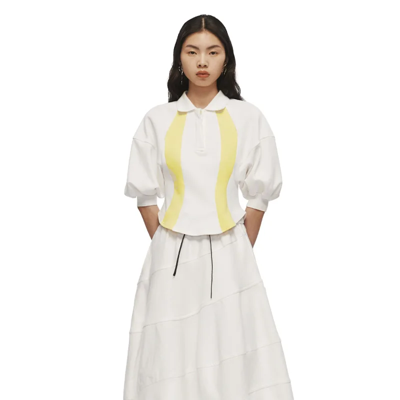 

2021NEW Back Cherry Embroidered Color Block Lapel Puff Sleeve Short Sleeve T-Shirt, Summer Personality Thin Women's T-Shirt