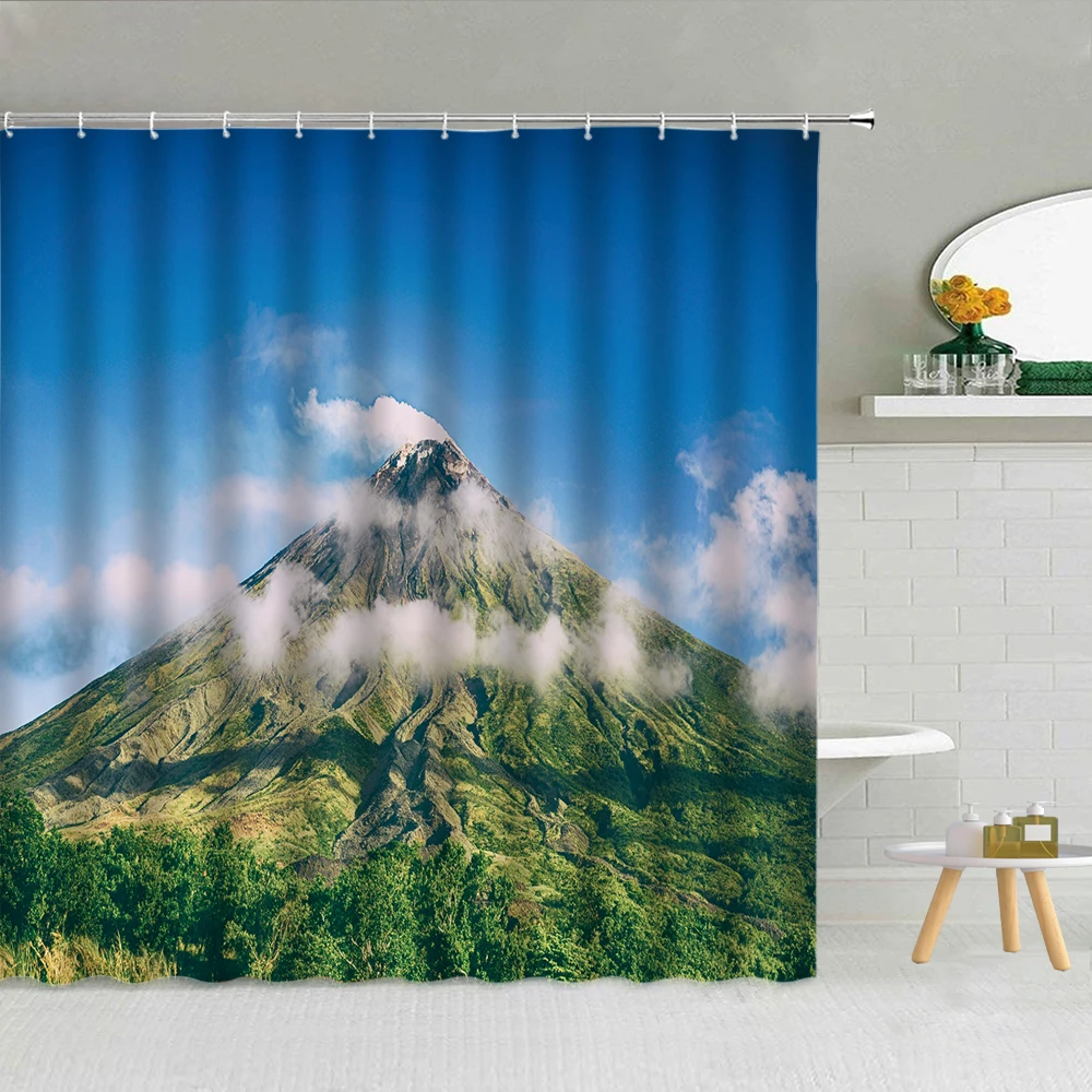 

Вулканический лес, облако, весенний пейзаж, декорация для душа, зеленые растения, подвесной мост, ландшафт, занавески для ванной комнаты