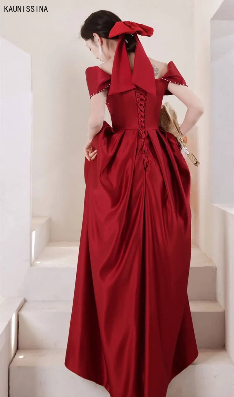 

KAUNISSINA Elegant Satin Evening Dress Plus Size Party Gown Vestido Off the Shoulder Pearls A-Line Prom Dresses Long Formal Robe