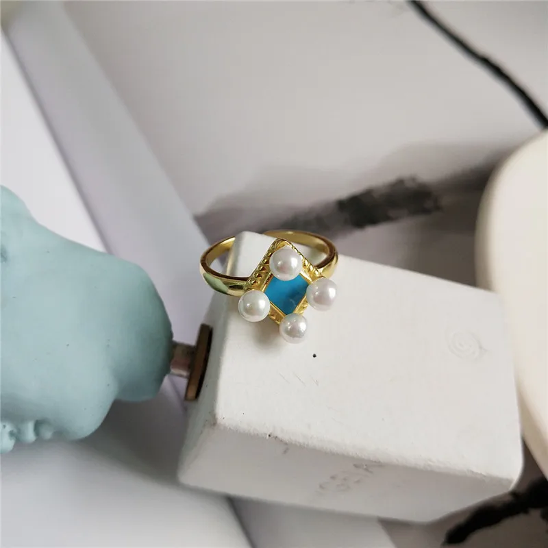 RUIYI Real 925 Sterling Silver New Macaroon Blue rhombus Pearl Rings Women Fashion Korean Style 18K Gold Plated Chic Niche | Украшения и