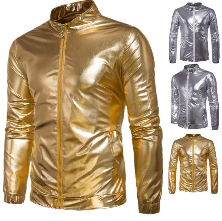 

New men's jackets gold silver European and American nightclub shiny clothing chaquetas stand-up collar zipper jaqueta masculina