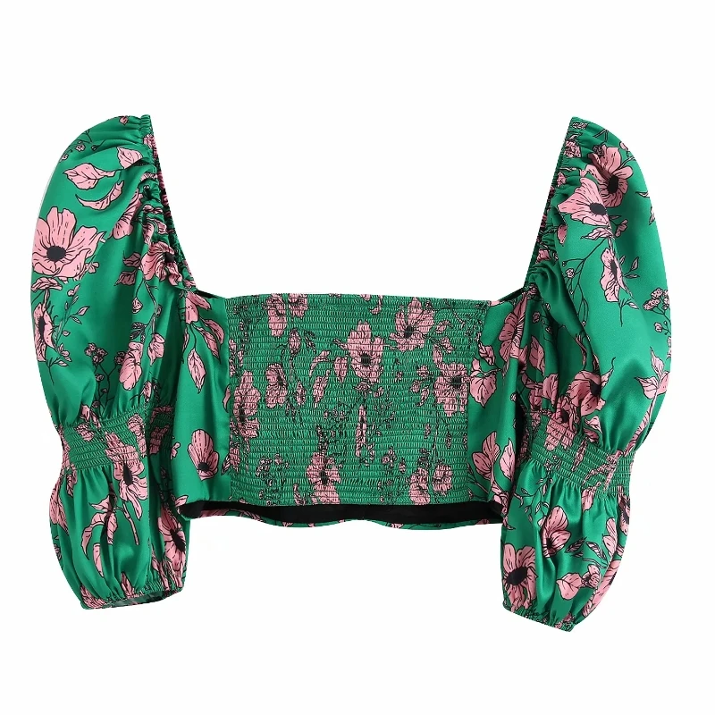 Женская эластичная короткая рубашка с квадратным вырезом и цветочным принтом