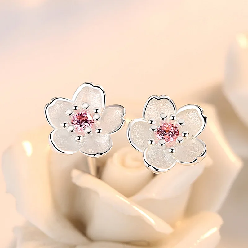 

Silver 925 Jewelry Sterling Silver Earrings Cherry Blossom Inlaid Pink Zircon Ear Studs Simple and Popular Earrings for Women
