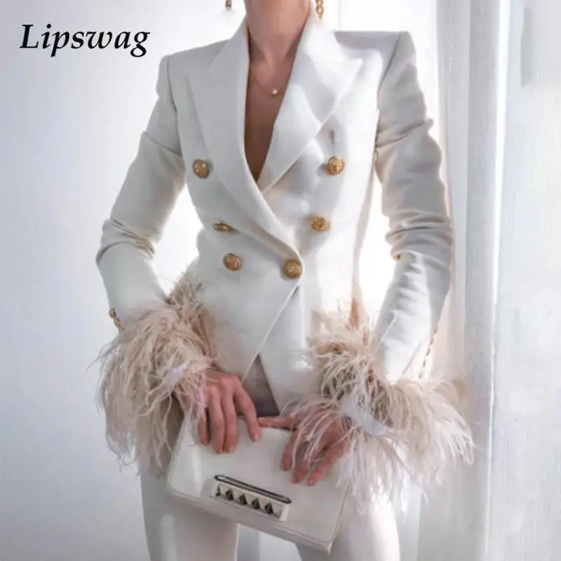 Elegant Turn-down Collar Lady Blazer Top Casual Long Sleeve Women Suit Coat Fashion Fuzzy Feather Double-Breasted Jacket Outwear