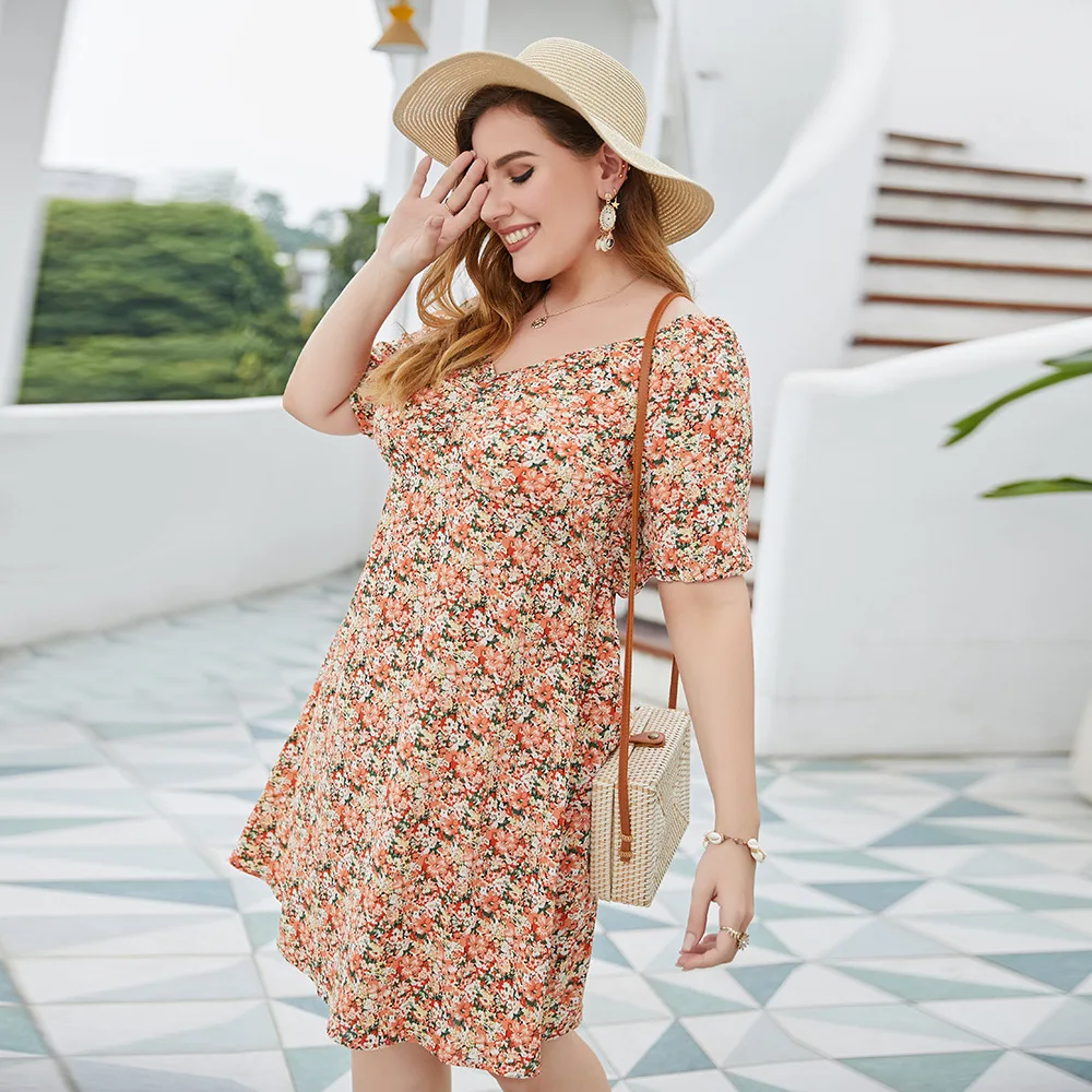 

2021 Fashion Women Summer Casual Dress Plus Size Female V Neck Short Sleeve Floral Boho Beach Dress Ladies Tunic Midi Dresses
