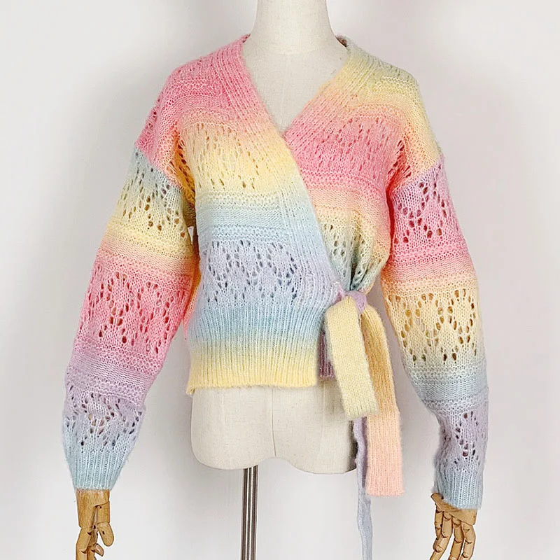 

Women Sweaters Autumn Winter Rainbow Tie-dye Top Girls V-Neck Loose Striped Coat Korean Fashion Oversized Female Belt Cardigans