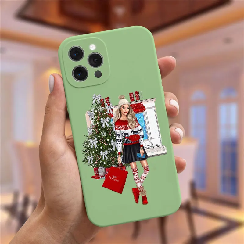 Christmas and New Year gift greenPhone Case For iPhone 14 Pro 11 13 Pro Max 12 mini XS XR 6S 8 7 Plus fashion girl Cover Fundas