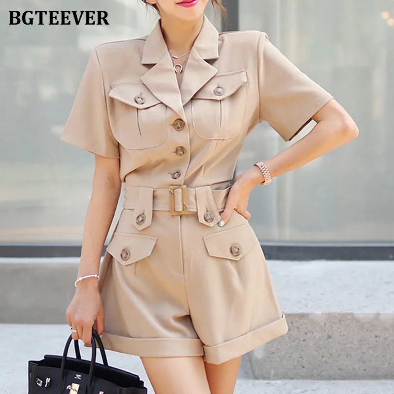 

BGTEEVER Elegant Notched Collar Women Short Sleeve Rompers Jumpsuits Ladies Single-breasted Belted Overalls 2021 Summer Playsuit