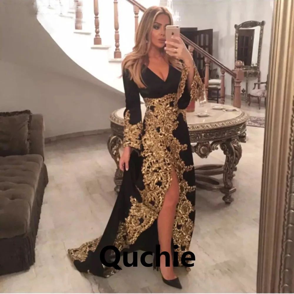 

Black v neck Evening Dresses Gold Lace Special Occasion robe soiree Islamic Dubai Kaftan Saudi Arabic Prom Gown