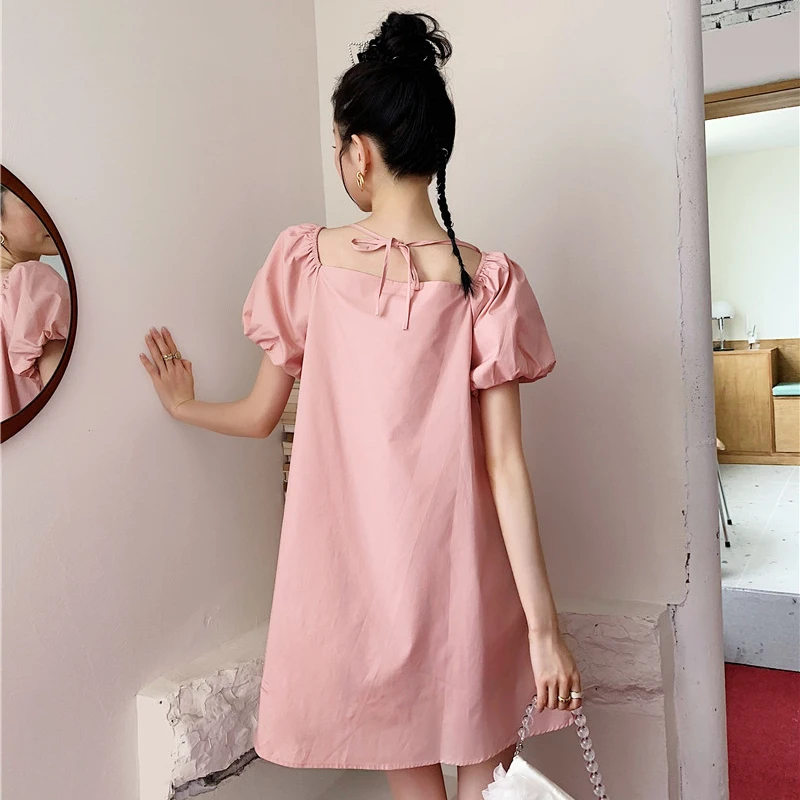 

Kimotimo Pink Puff Sleeve Dress Women Summer Sweet White Pearl Bow Patchwork Maiden Short-sleeved Loose Dress Korean Designer