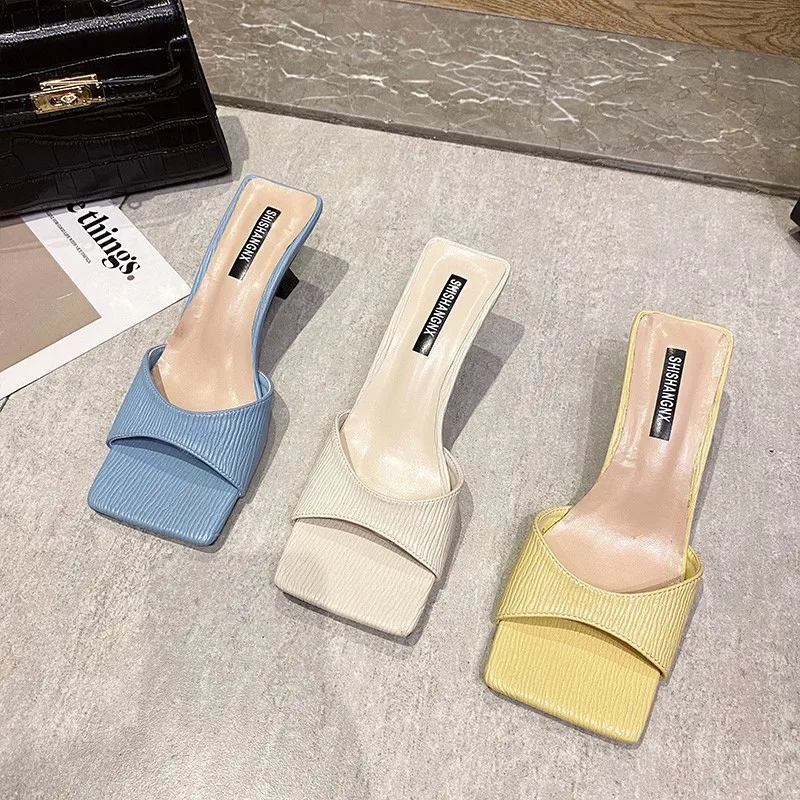

ZAR 2021 Summer New Yellow Fashion Square Toe High Heels Sexy Outer Wear Stiletto Muller Sandals And Slippers Women Luxury Brand