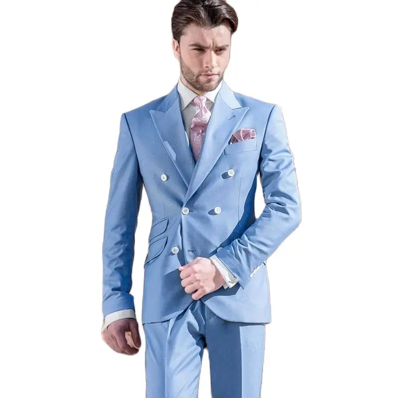 

Модный дизайн небесно-голубой мужской костюм с заостренным лацканом двубортные мужские смокинги зауженного кроя модная одежда из двух пре...