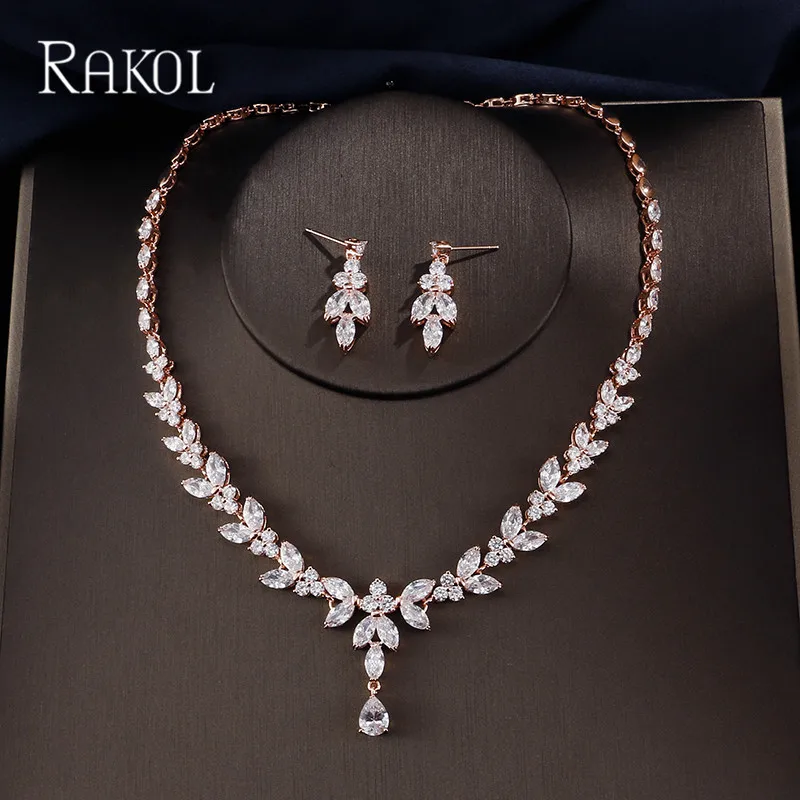 RAKOL роскошный Искрящийся Блестящий кубический циркон ожерелье серьги Ювелирные