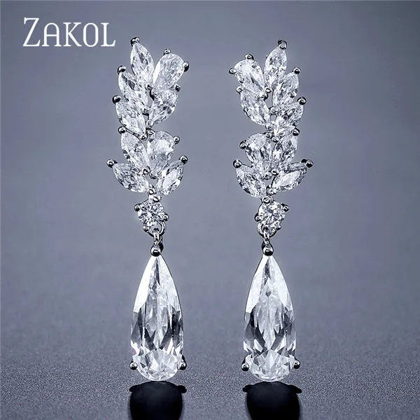 White Color L ZAKOL белый цвет в форме цветка Циркон капли воды Кристалл кулон Висячие серьги для женщин Свадебные украшения FSEP50L - Окраска металла: White Color L