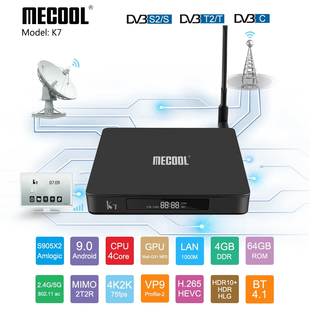 Медиаплеер MECOOL K7 DVB s2-t2-C Android 9,0, Amlogic S905X2, 4 Гб DDR4, 64 Гб ПЗУ, 2,4G, 5G, WiFi, USB3.0, 100 Мбит/с, 4K
