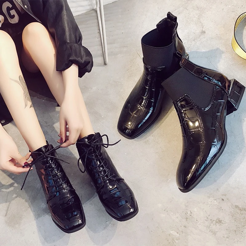 2021 autumn new patent leather Martin boots women's belt single shoes square head low-heeled stone ankle | Обувь