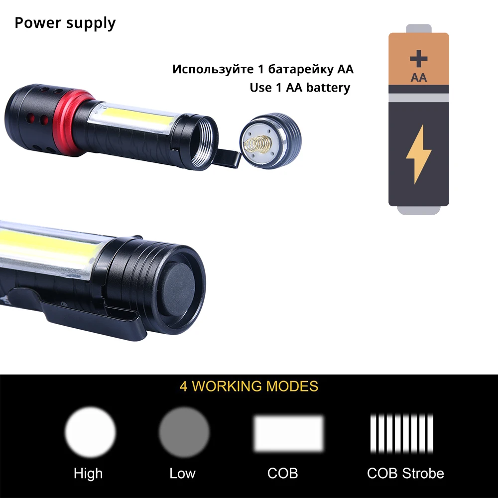 

COB Flashlight mini Portable Led Penholder Side Light Torch Lamp led AA battery torch adjustable zoom focus penlight waterproof
