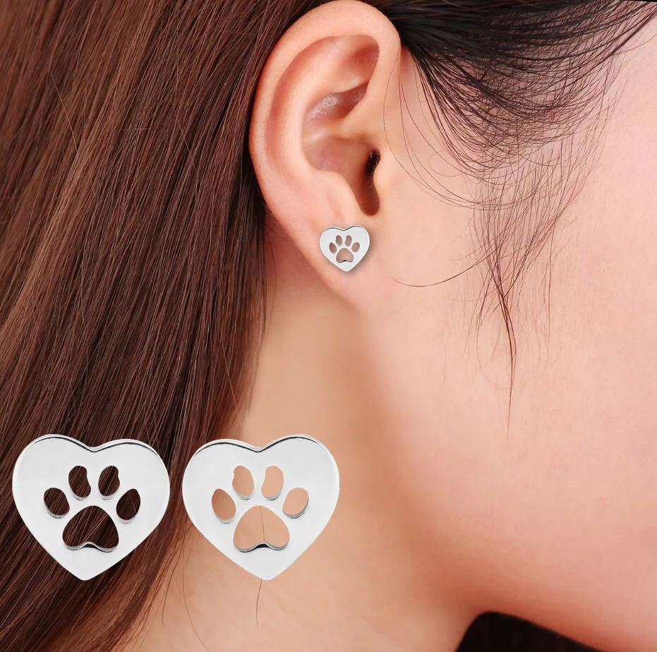 

WANGIYAO new stainless steel cute cat foot print earrings female sweet love ear jewelry girl