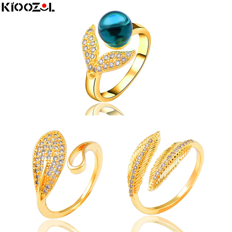 

KIOOZOL Vintage Leaf Shape with Big Pearl Gold Color Rings Adjustable Size For Women Wedding Party Jewelry 128 DP1